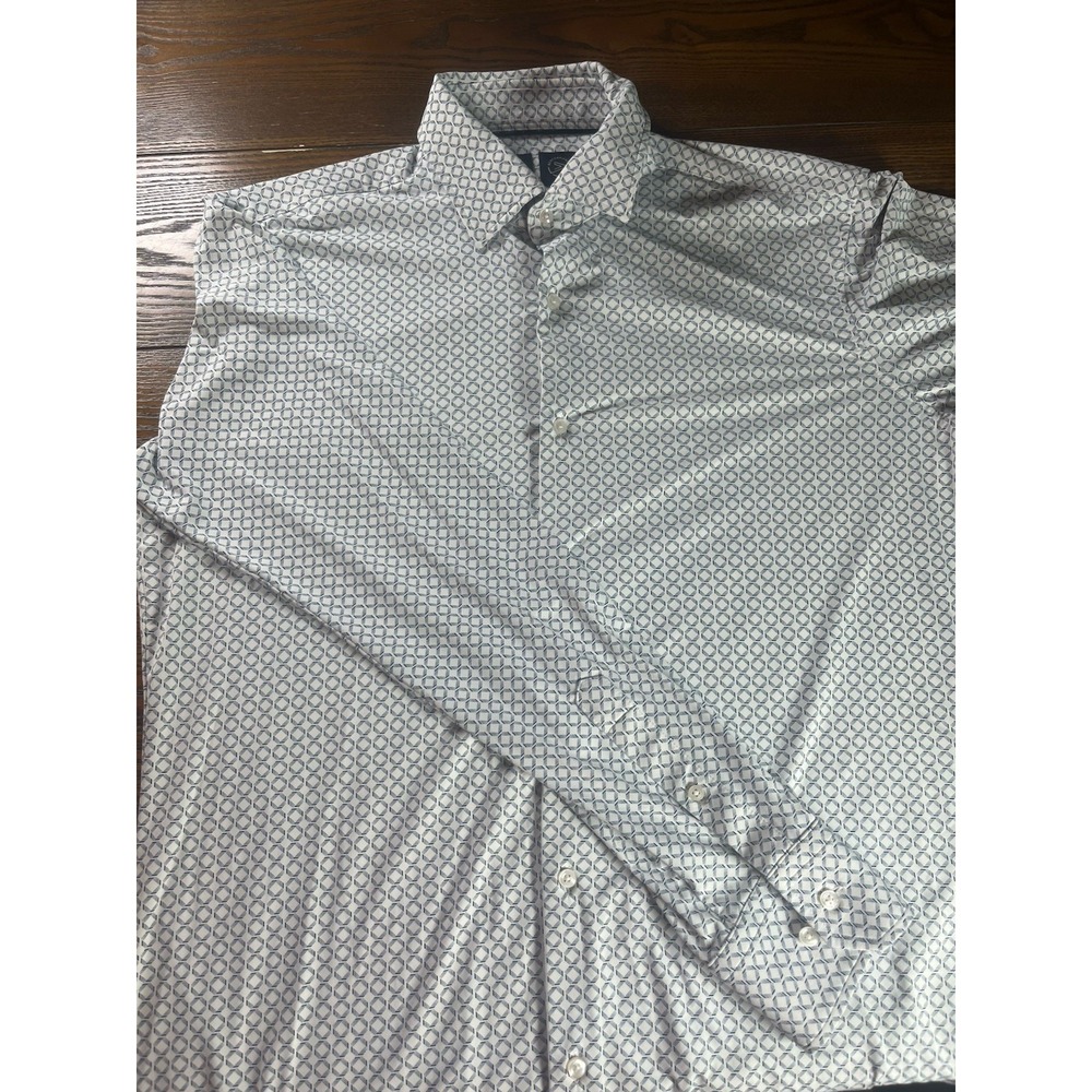 Hugo Boss Slim Fit Dress Shirt Mens 15.5 39 White Blue Interlocking Geometric
